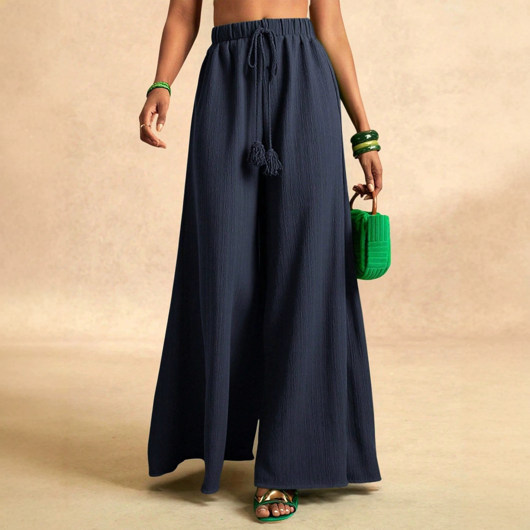 Women's High-Waist Wide-Leg Pants with Slant Pockets Solid Color Casual