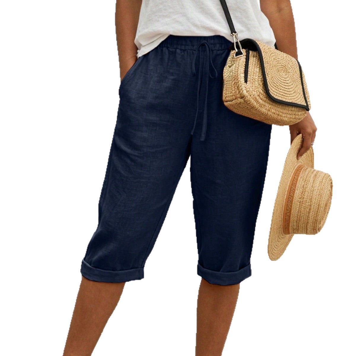 Women's Cotton-Linen Wide-Leg Capri Pants Elastic Waist Loose Straight Rolled Hem