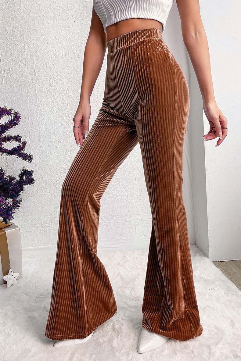 Women's High-Waist Corduroy Flare Pants Solid Color Wide-Leg Casual