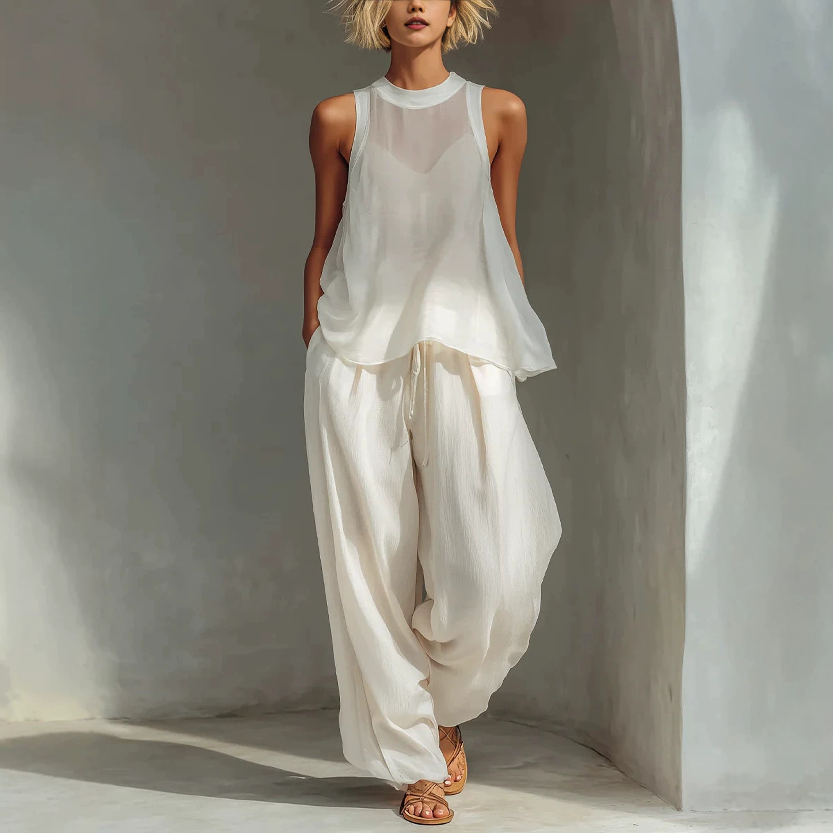 Sheer Sleeveless Drawstring Top & Wide-Leg Pants Set