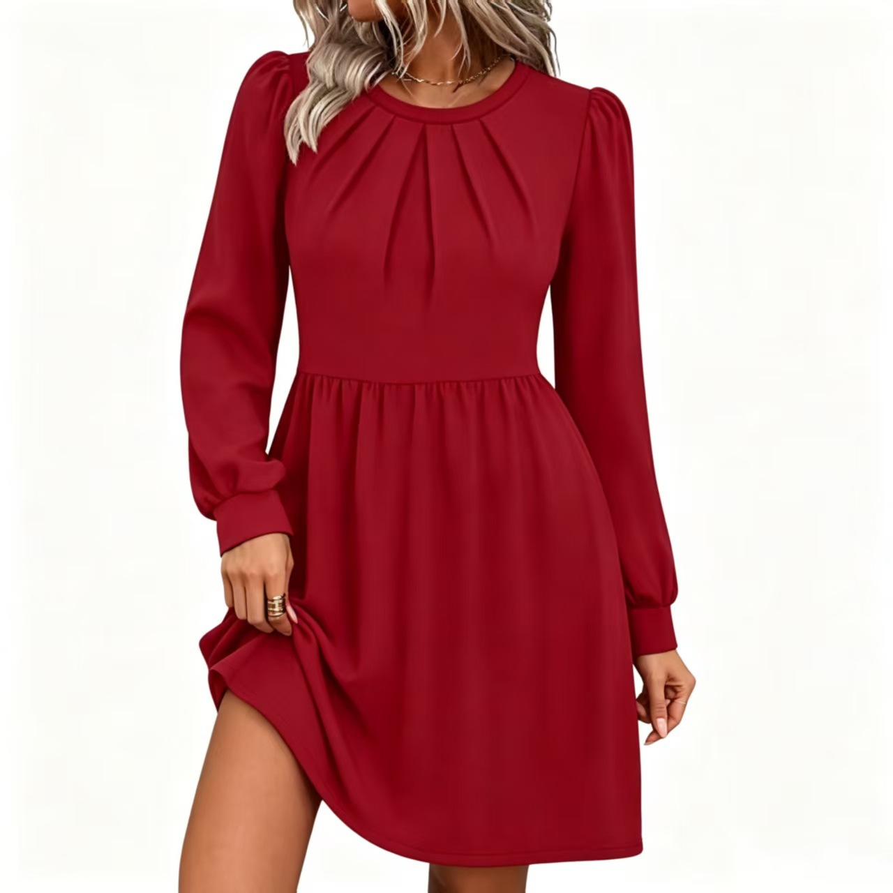 Korean Retro Plaid Long Sleeve Dress High Waist Flared Babydoll