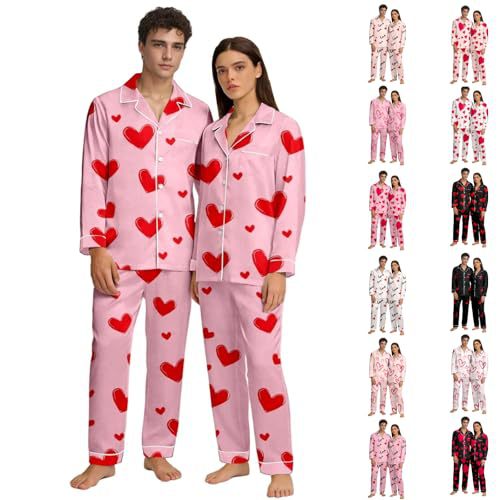 Cuban Collar Heart Print Long Sleeve Women's Set