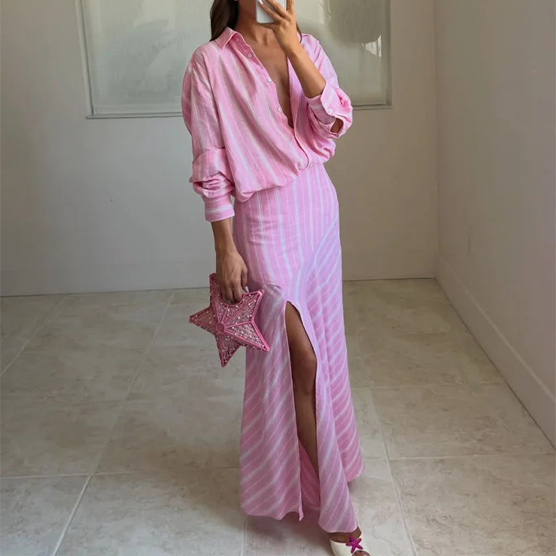 Striped Lapel Collar Slit Long Skirt Two-Piece Set