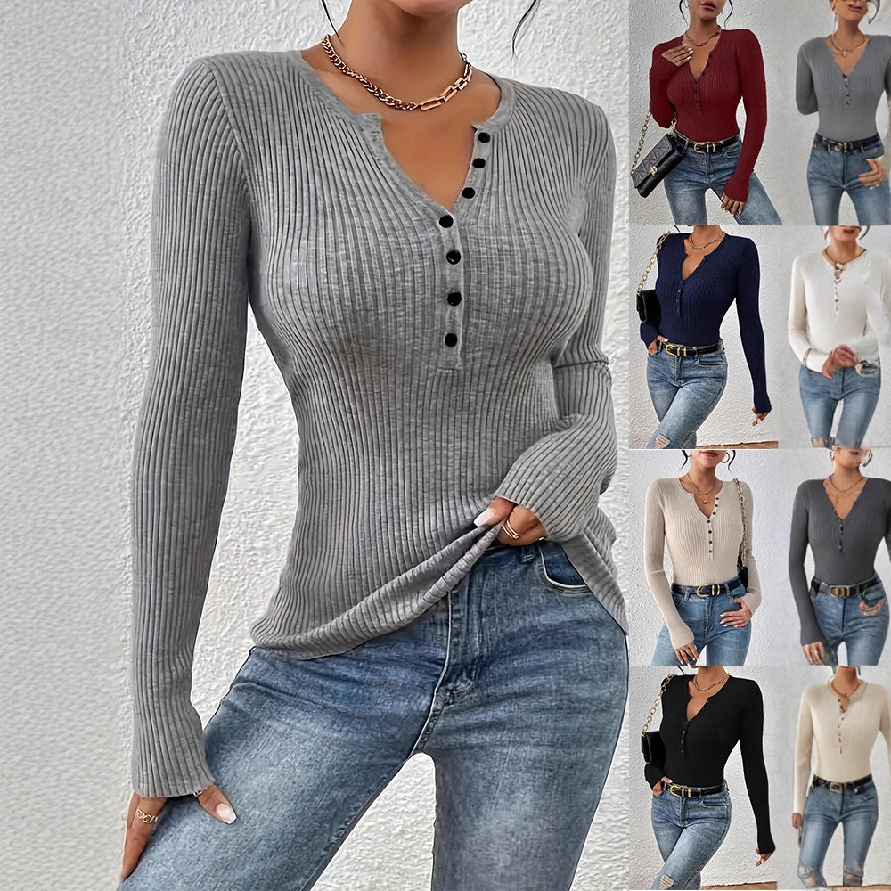 Women's Slim Fit Solid Color Button Neck Knit Sweater Long Sleeve Pullover