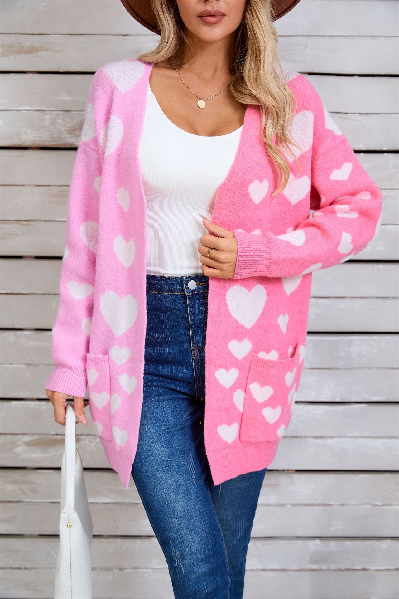 Colorblock Heart Knit Long Cardigan with Pockets