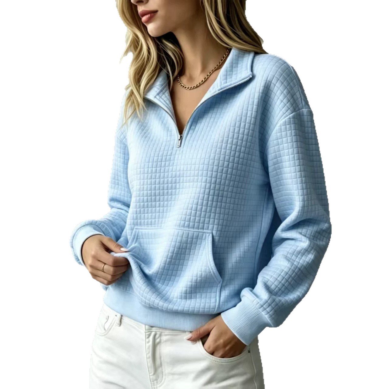 Women's Loose Kangaroo Pocket Solid Color Stand Collar Zip-Up Long Sleeve Sweatshirt