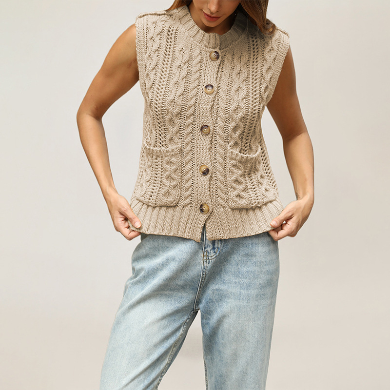 Women's Sleeveless Round Neck Pocket Knit Cardigan Vest