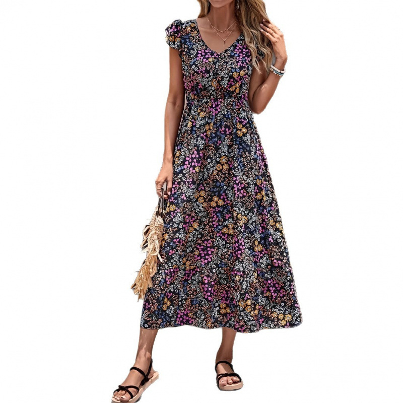 Floral V-Neck Boho Maxi Dress with Flutter Sleeves