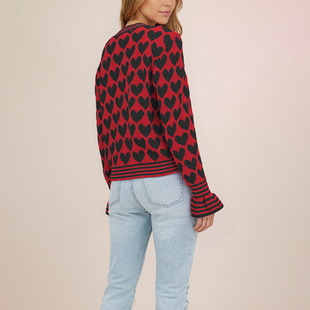 Heart Pattern Knit Cardigan Sweater Crew Neck Colorblock