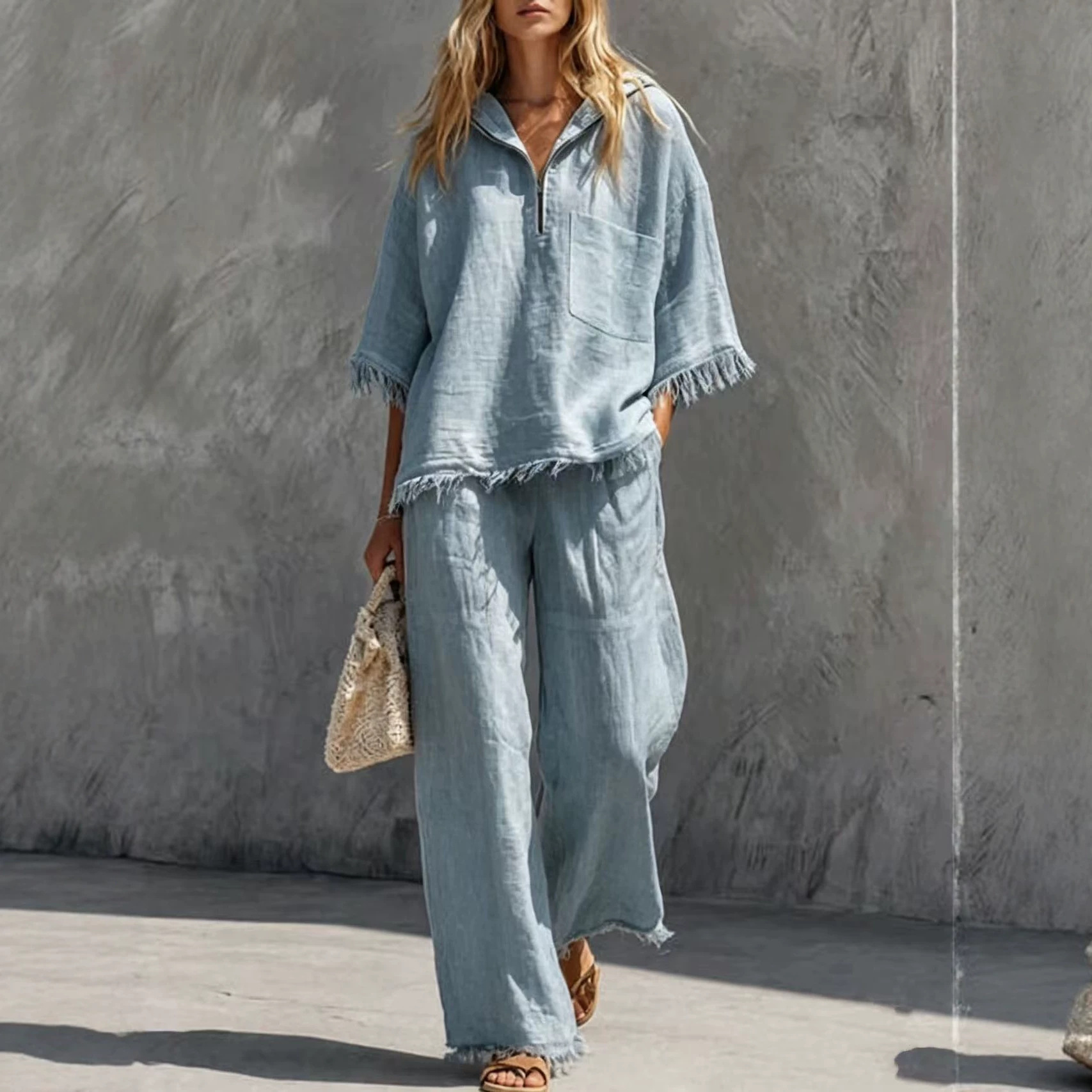 Retro Raw-Edge Fringe Half-Placket Short-Sleeve Top & Wide-Leg Pants Set