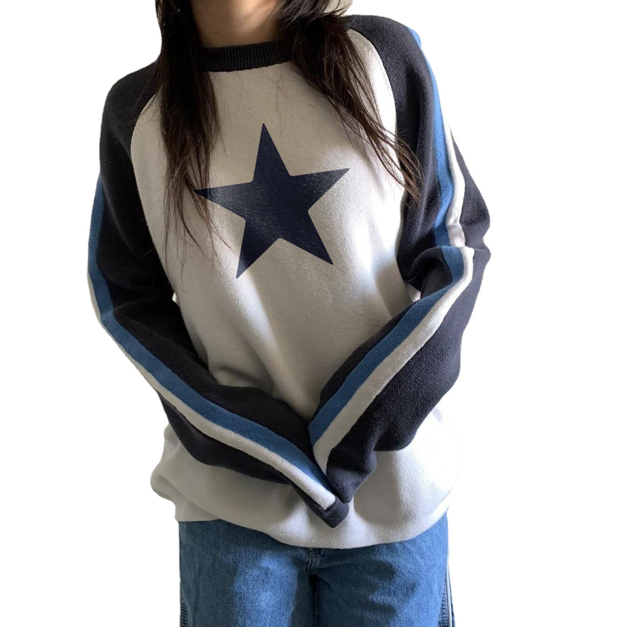 Women's Star Print Crewneck Long Sleeve Loose Knit Sweater