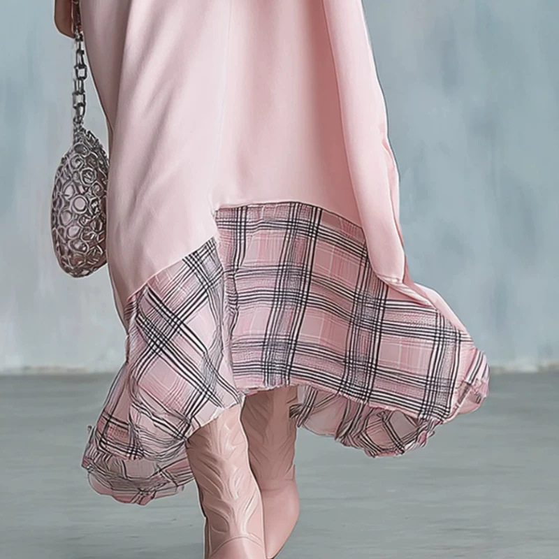 Women's Loose Hooded Plaid Hem Long Dress