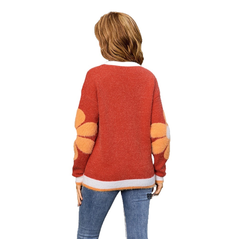 Floral Faux Mink Knit Sweater Long Sleeve Crew Neck Pullover
