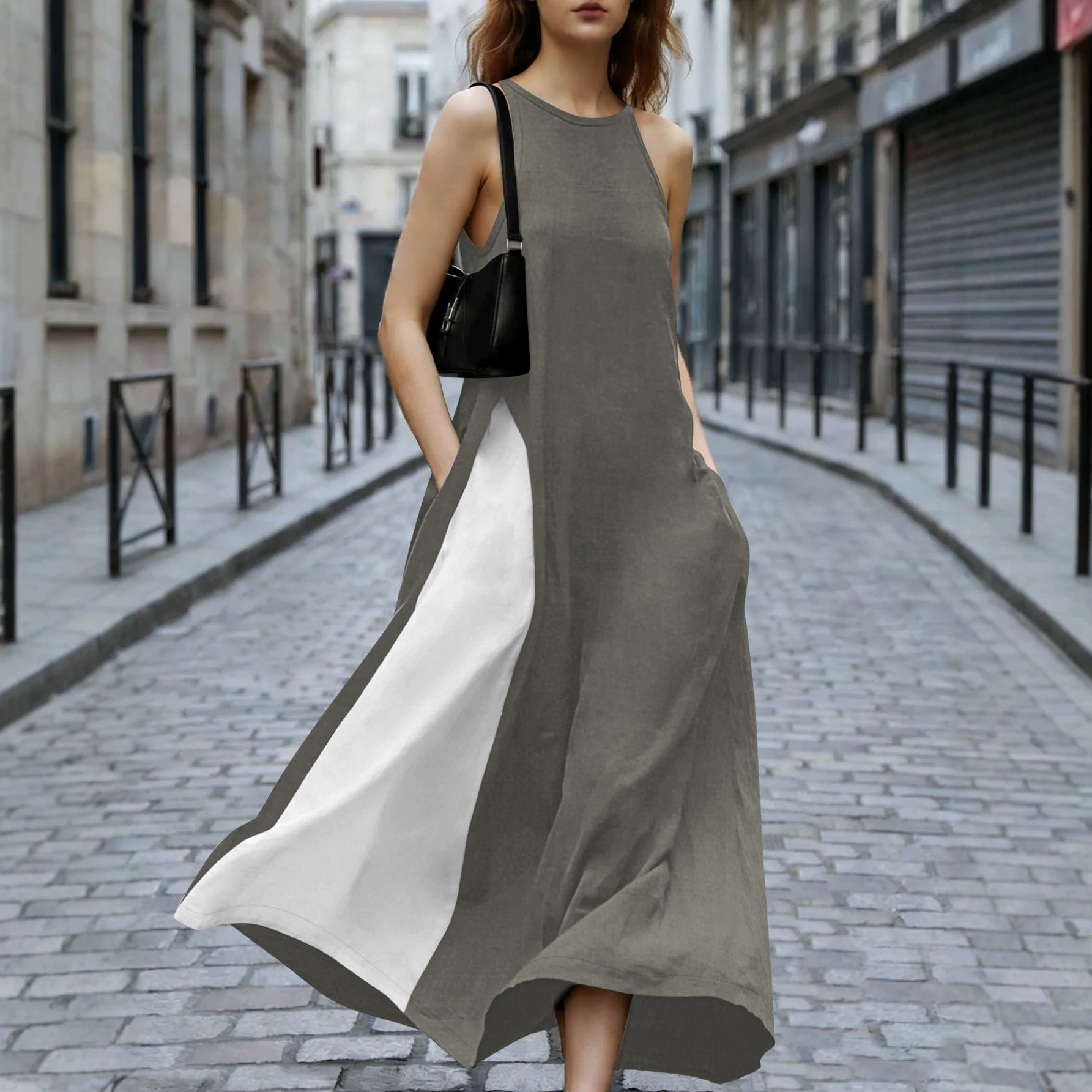 Color-Block Sleeveless Maxi Dress with Pockets