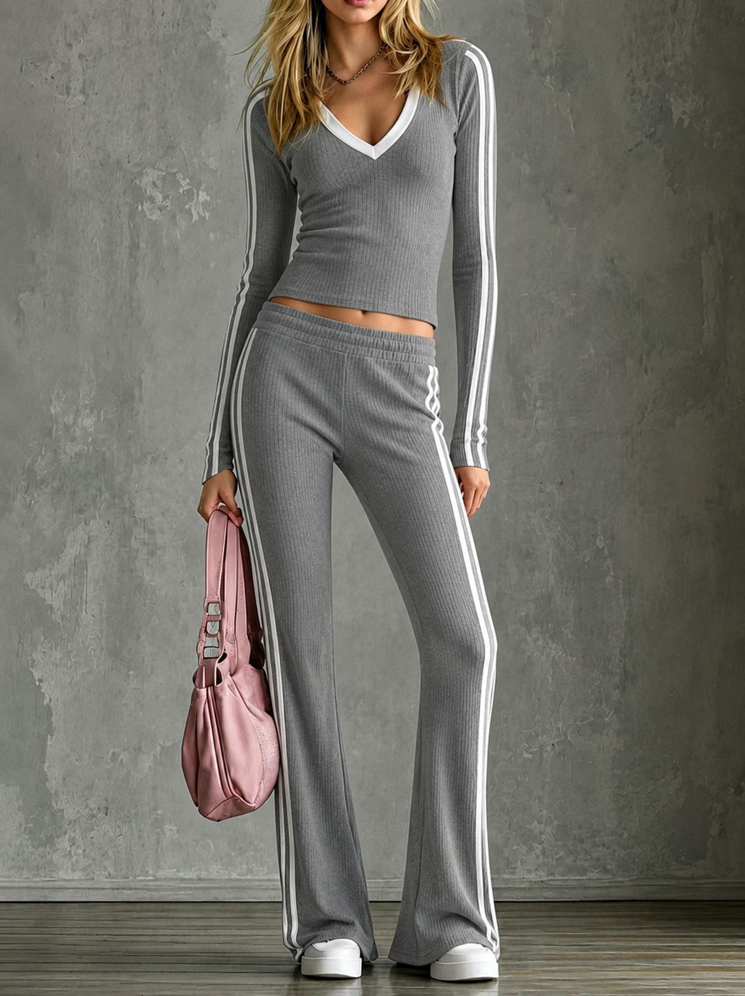 Women's V-Neck Color-Block Striped Ribbed Flared Pants Casual Two-Piece Set