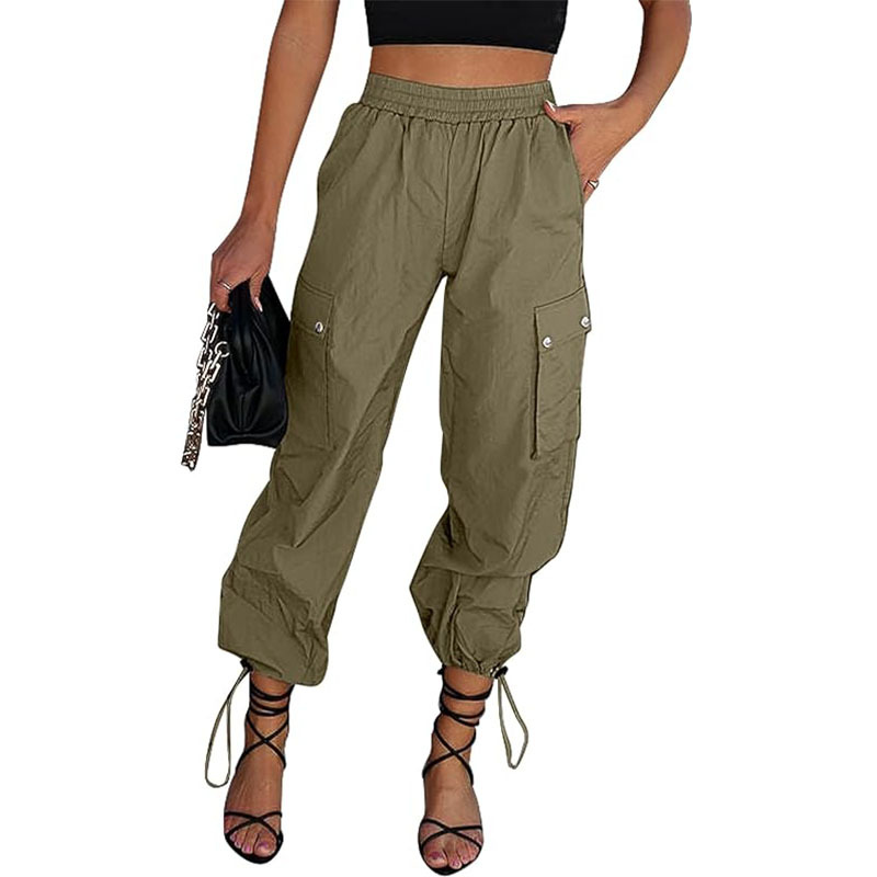 Women's High-Waist Parachute Cargo Pants with Drawstring and Pockets
