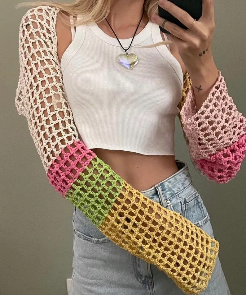Color-Block Hollow-Out Cropped Knit Cardigan