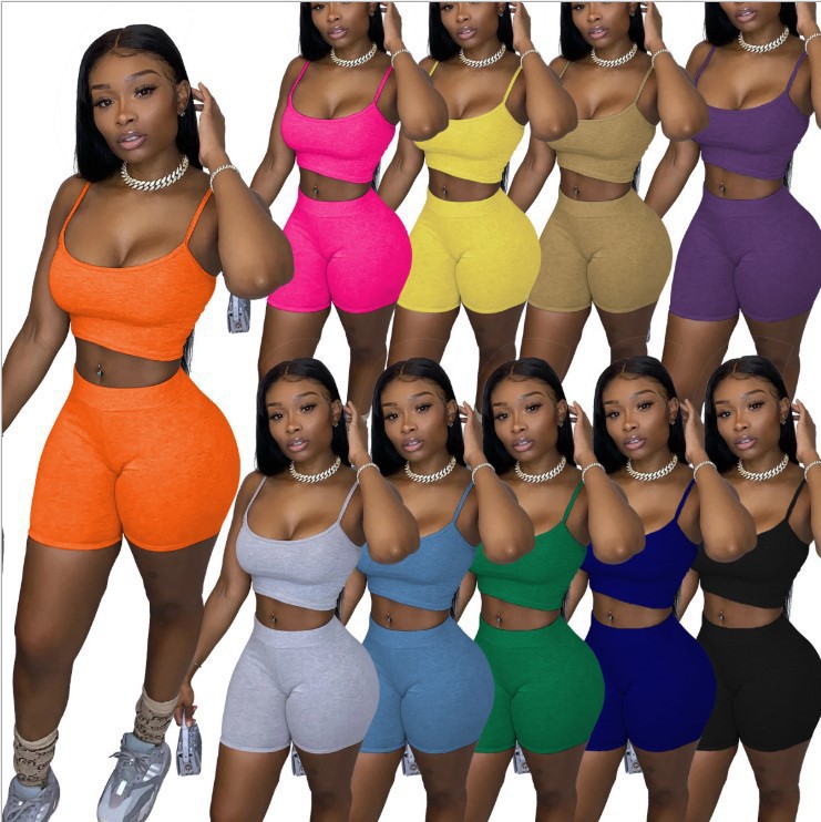 Women's Solid Color Crop Cami Top and Biker Shorts Set