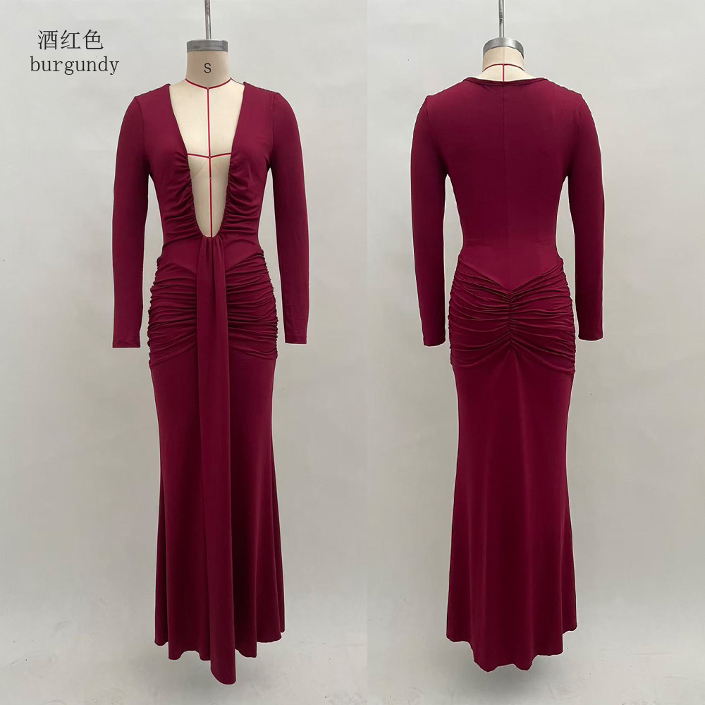 Elegant Solid Deep V-Neck Waist-Cinching Ribbon Mermaid Long Sleeve Dress