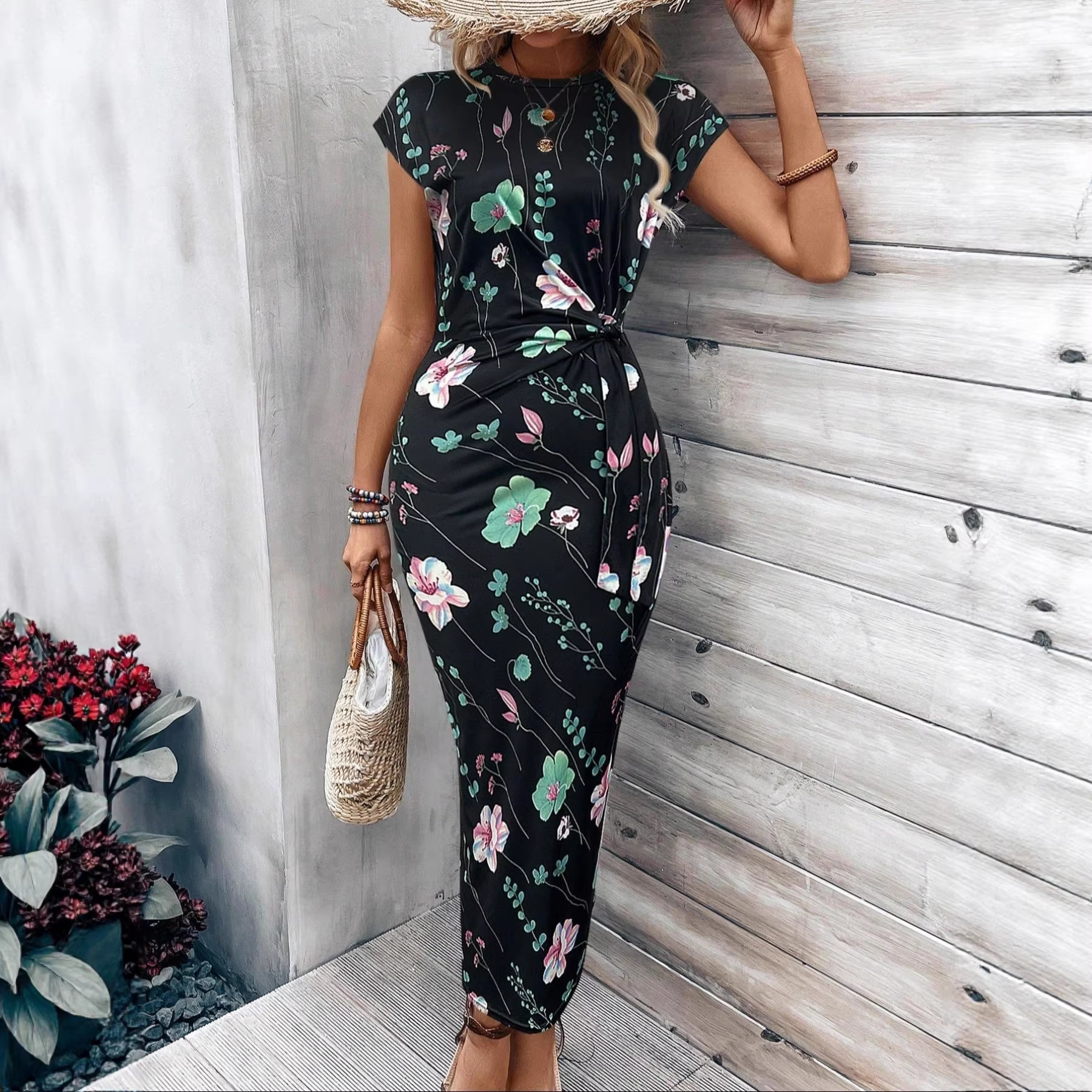 Retro Leopard Print Bodycon Dress with Round Neck, Cap Sleeves, Side Twist Knot, Waist-Cinching, Slim Fit