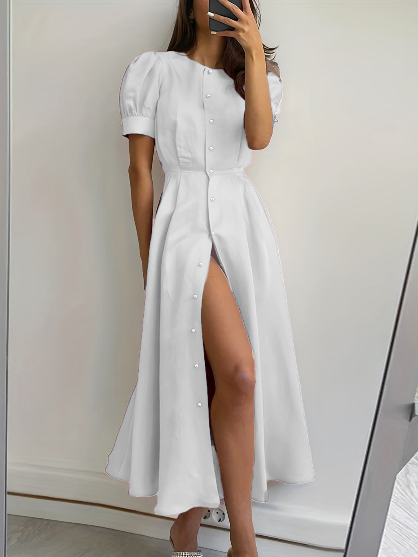 Solid Color High Waist Button-Front Midi Cardigan Dress