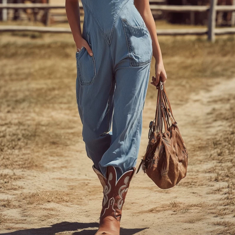 Western Lace Patchwork Denim Jumpsuit