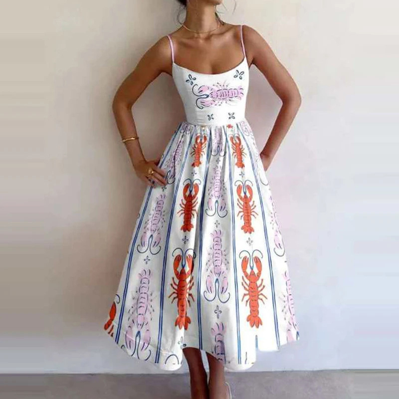 Women's Printed Sleeveless Ruched Waist Long Dress