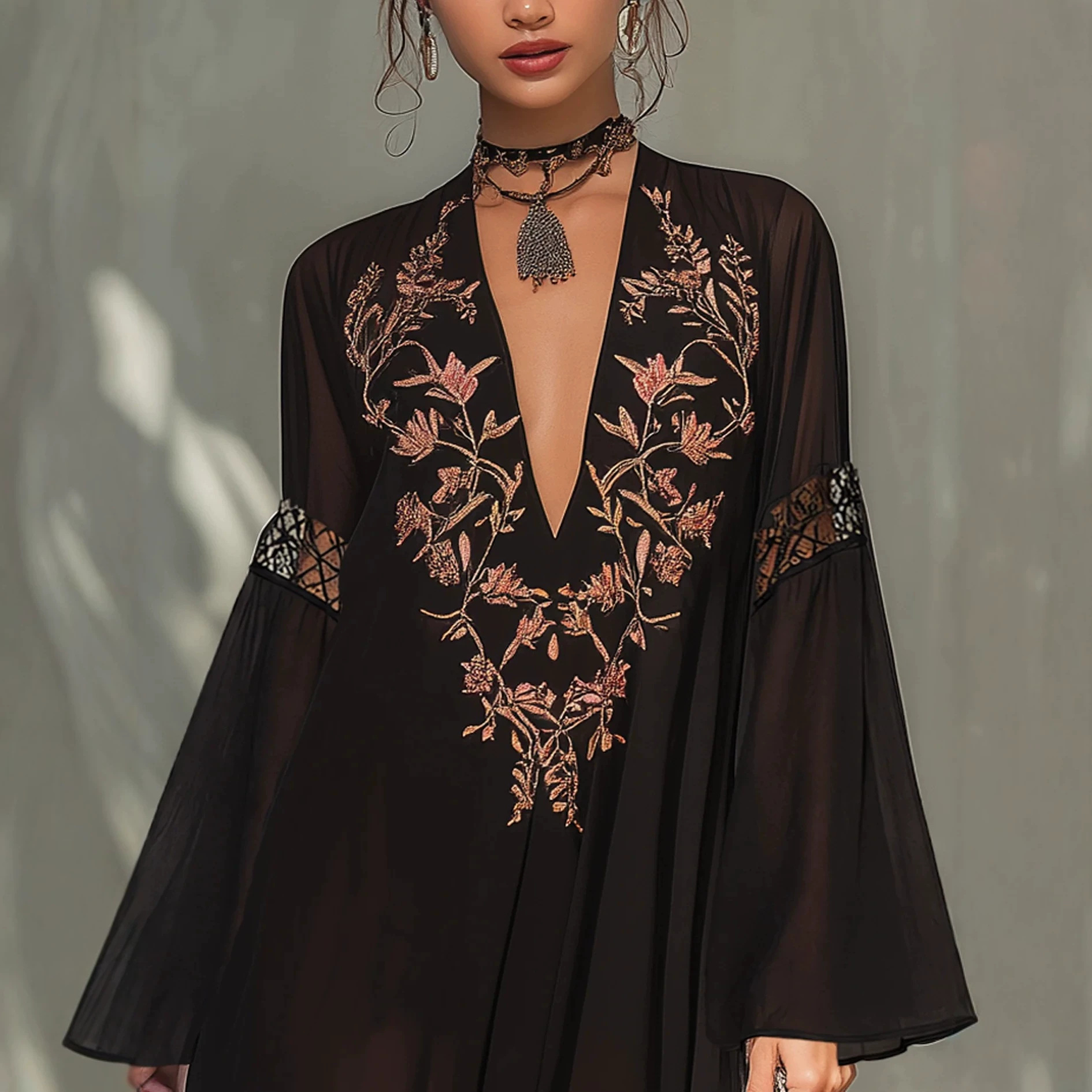 Short Embroidered V-Neck Flare-Sleeve Dress Black Retro
