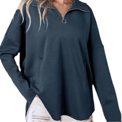 Women's Loose Fit Zip-Up Hoodie with Lapel Collar
