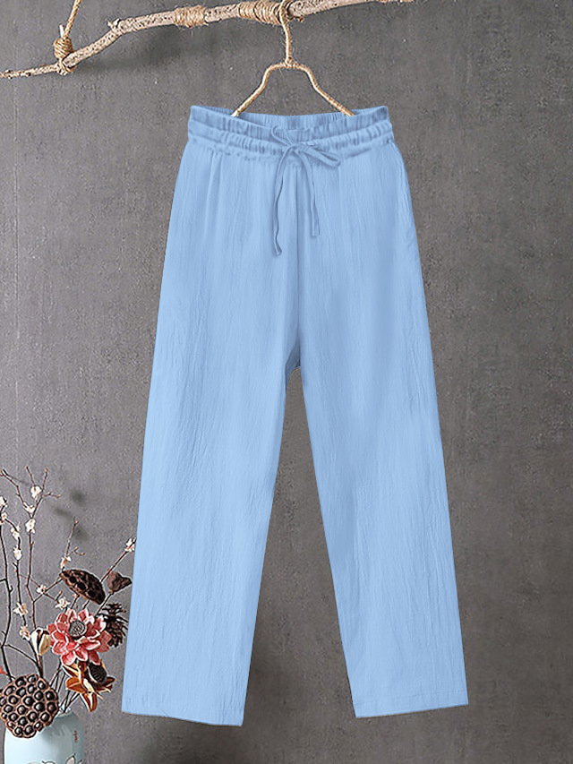 Women's Cotton Linen Wide Leg Pants Elastic Waist Solid Color Loose Fit