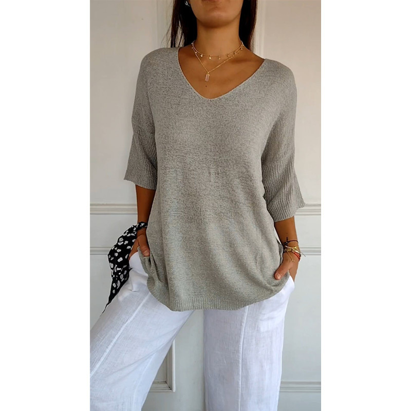 Women's V-Neck 3/4 Sleeve Solid Knit Top Slimming Casual Pullover