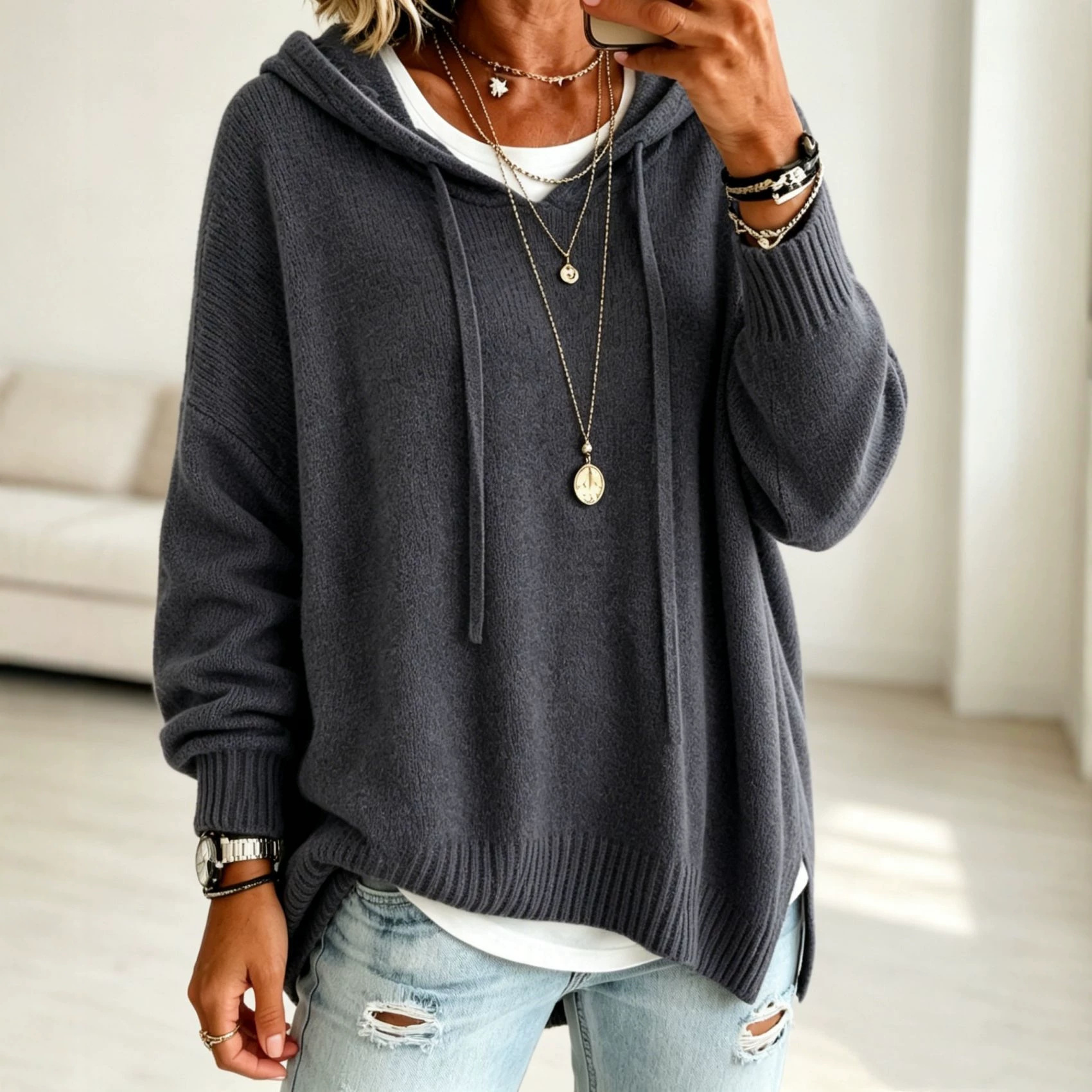 Women's Knit Hooded Drawstring Pullover Sweater Loose Long Sleeve
