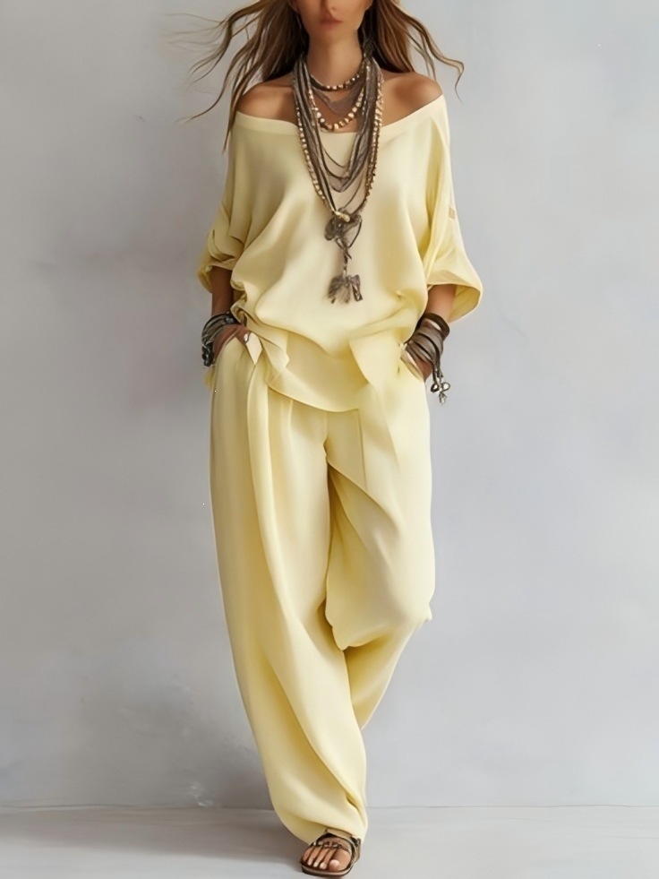 Off-Shoulder Loose Top and Wide-Leg Pants Two-Piece Set