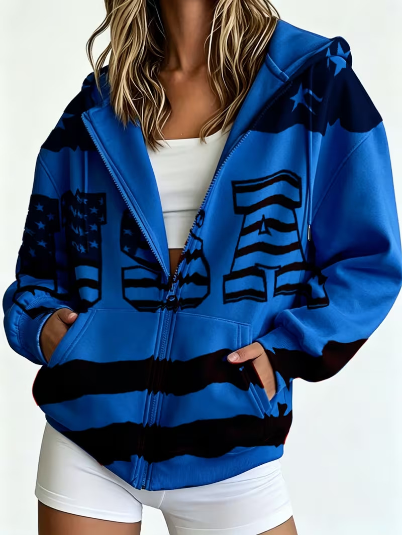 Women's Colorblock USA Flag Striped Zip-Up Hoodie