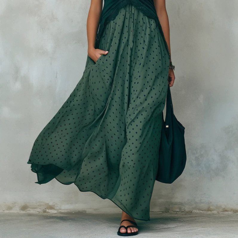 Vintage Green Polka Dot V-Neck Sleeveless High-Waist Midi Dress