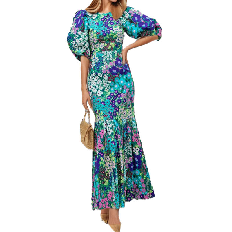 Floral Print Puff Sleeve Slim Fit Midi Dress