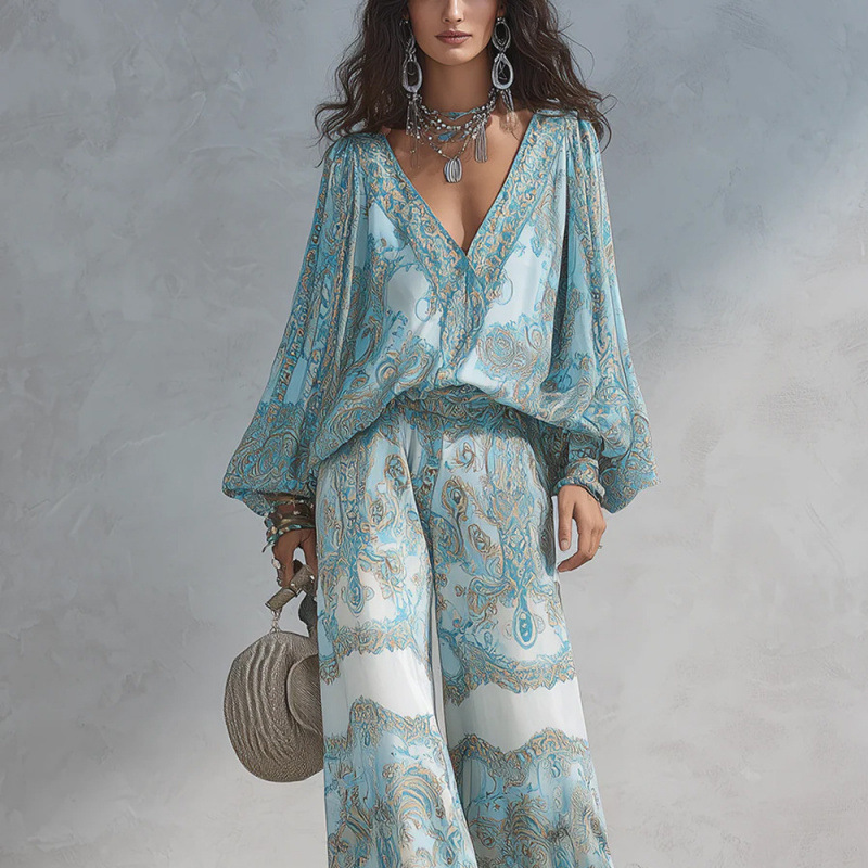 Women's Printed V-Neck Top and Wide-Leg Pants Two-Piece Set