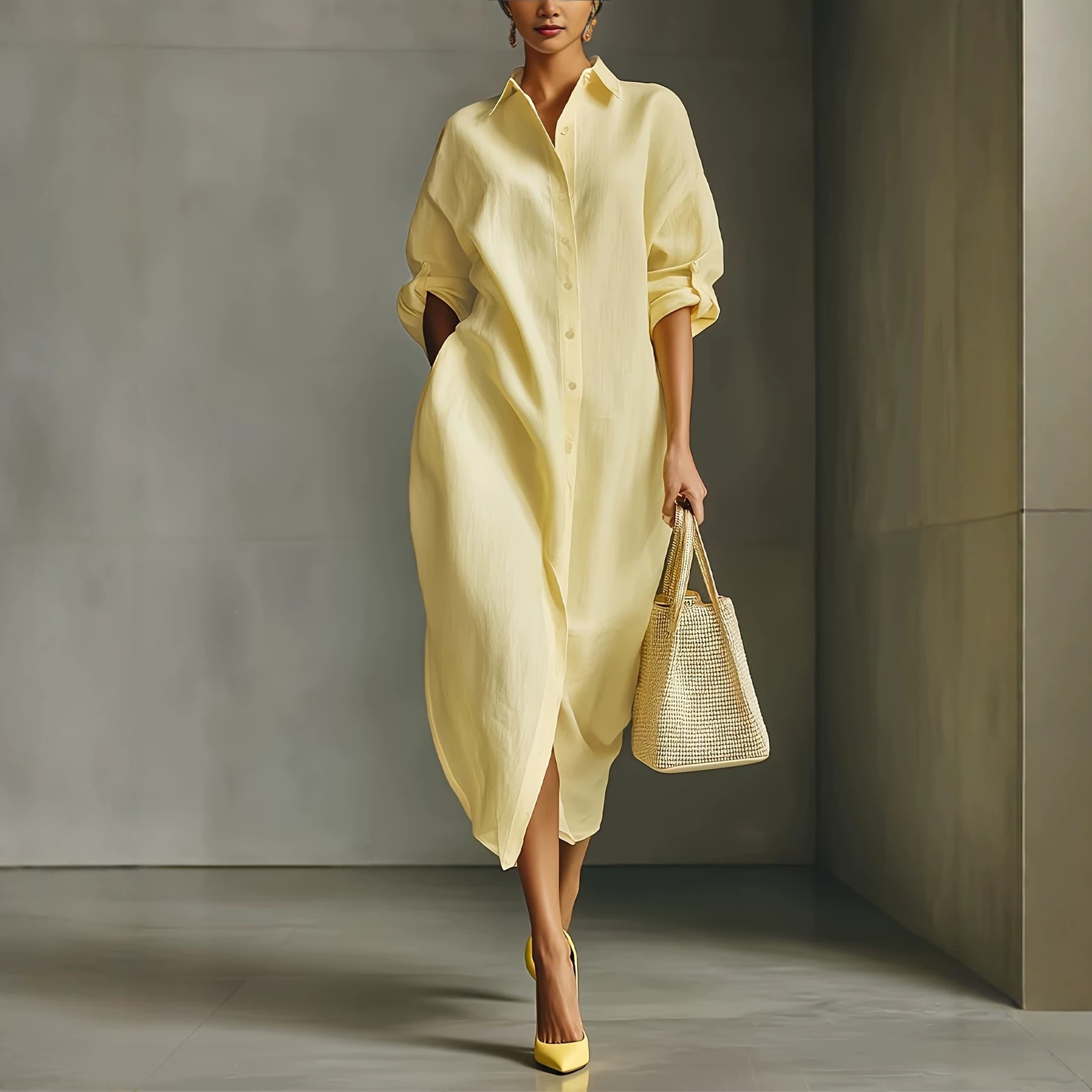 Relaxed Cotton-Linen Shirt Dress Long Sleeve Collared Midi Split