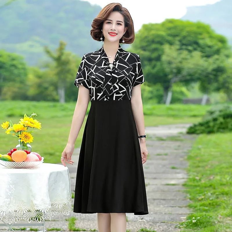Women's Summer Short Sleeve Midi Dress Fake Two-Piece Waist-Cinching Slimming V-Neck A-Line