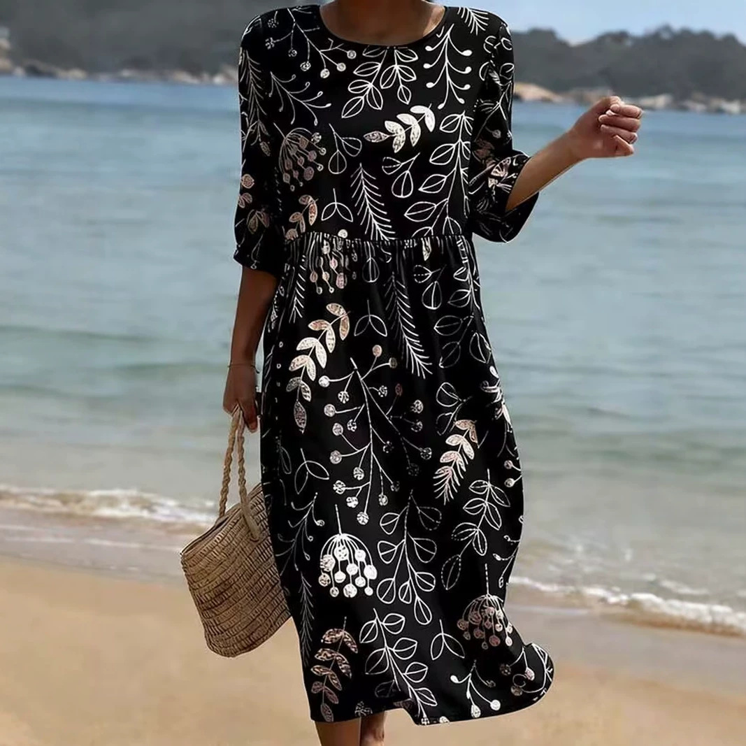 Women's Vintage Floral Print Pleated Midi Dress