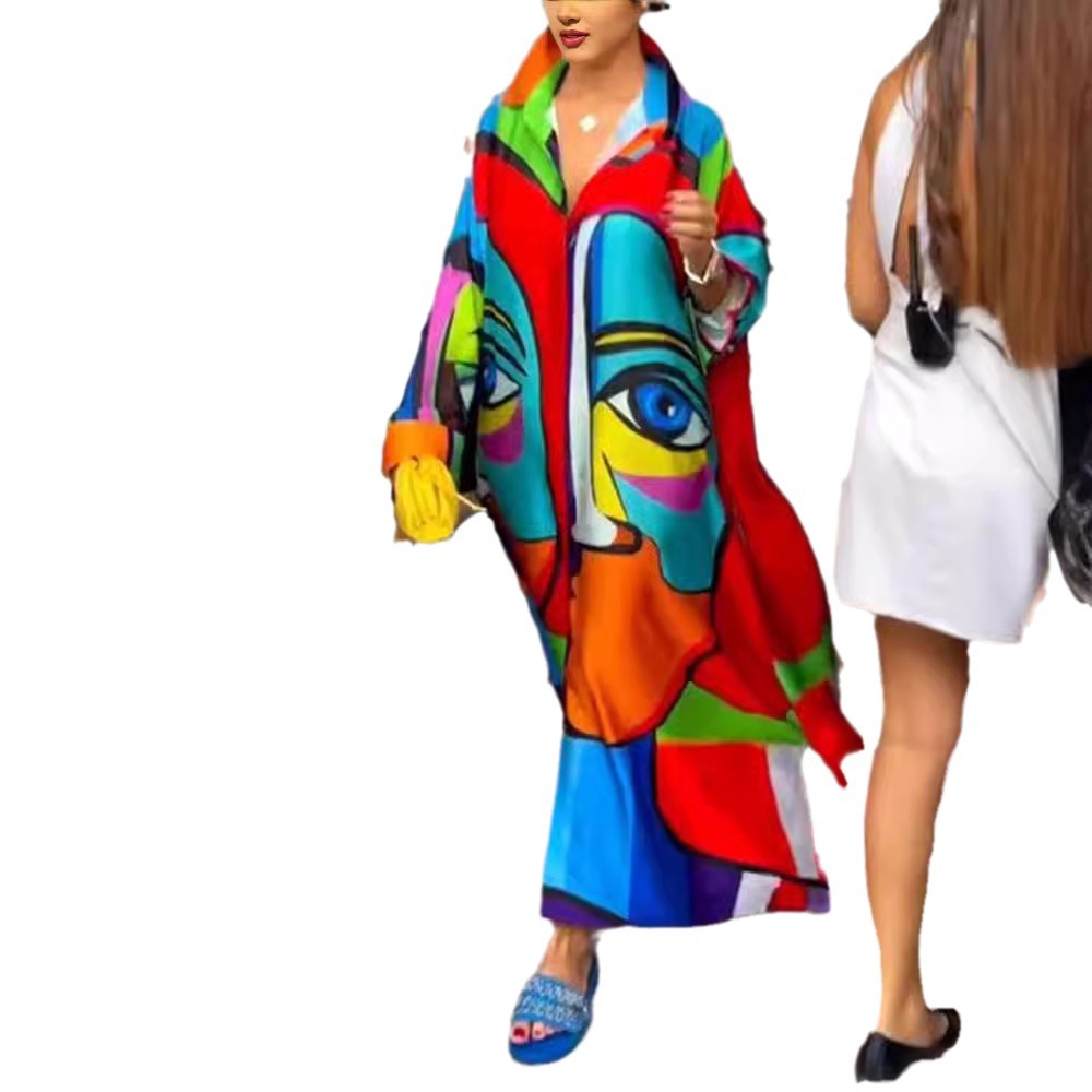 Women's Loose Colorful V-Neck Button Long Sleeve Dress