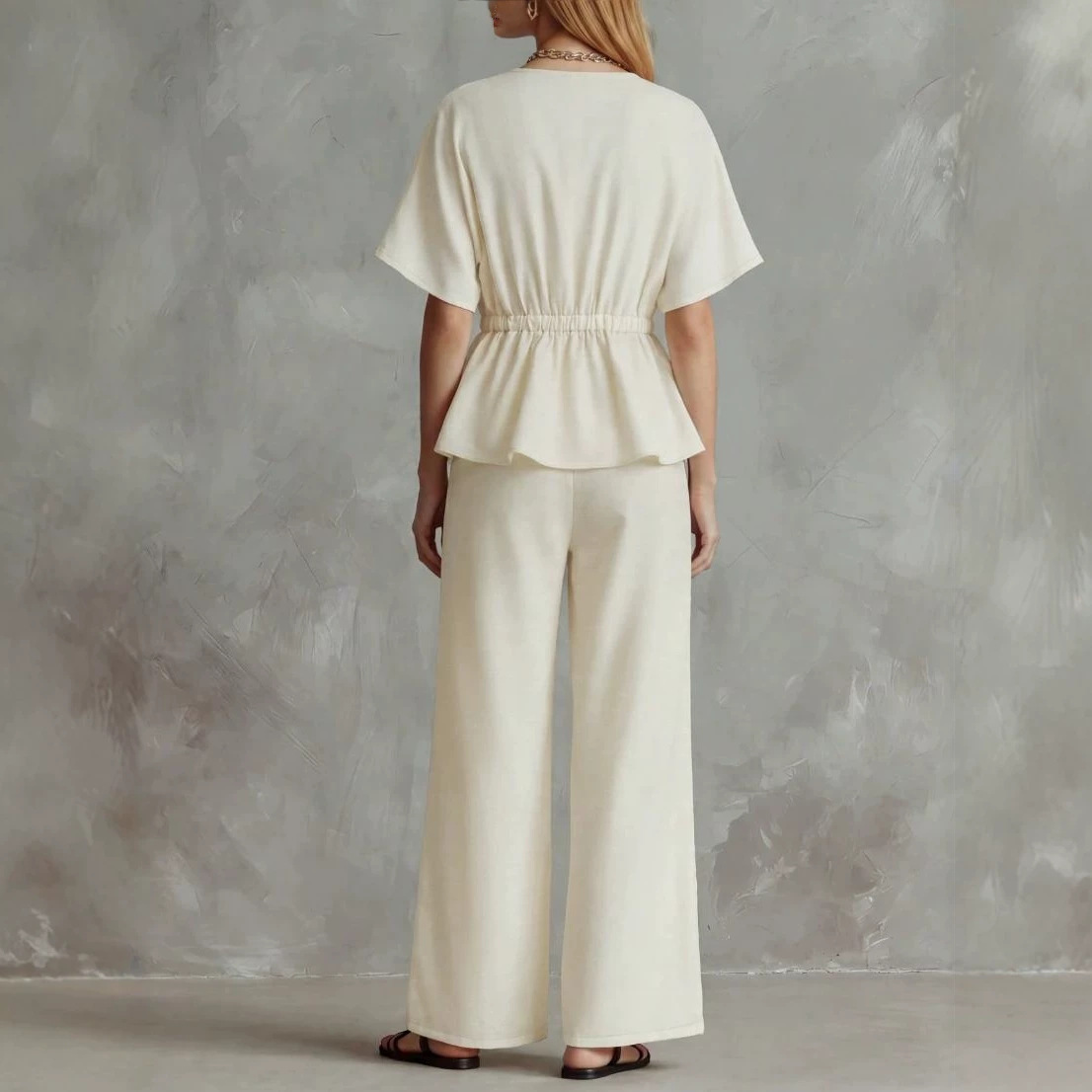 V-Neck Cinched Top and Wide-Leg Pants Two-Piece Set