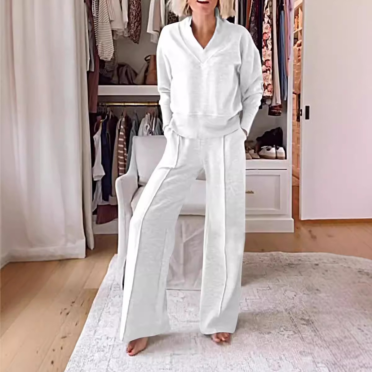 Women's V-Neck Long-Sleeve Loose Top & Wide-Leg Pants Two-Piece Set