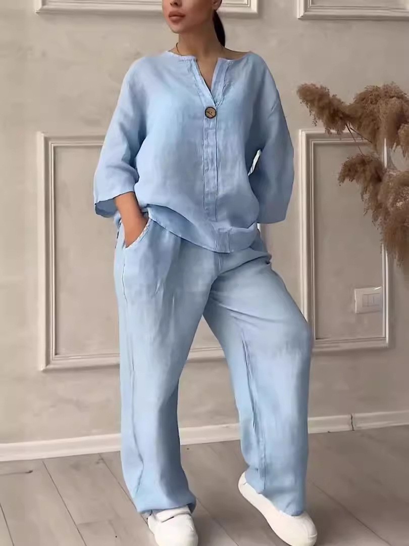 Women's Cotton-Linen Loose Top & Wide-Leg Pants Casual Set