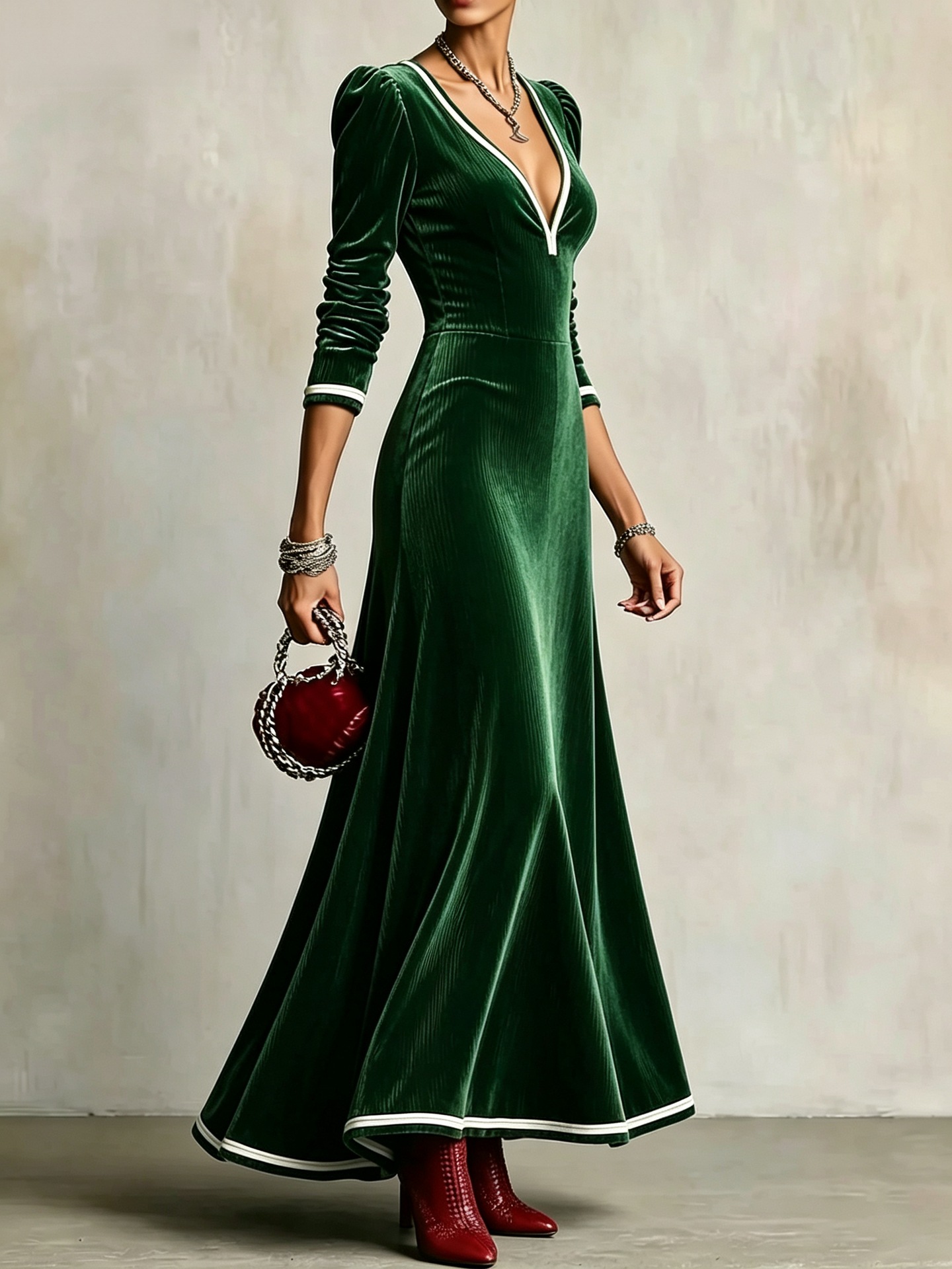Striped Velvet A-Line Maxi Dress with Deep V-Neck and High Waist
