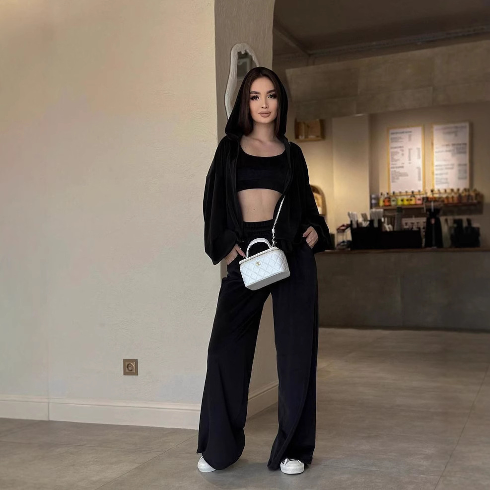 Women's Velvet Hooded Top and Pants Set Solid Color Casual Three-Piece
