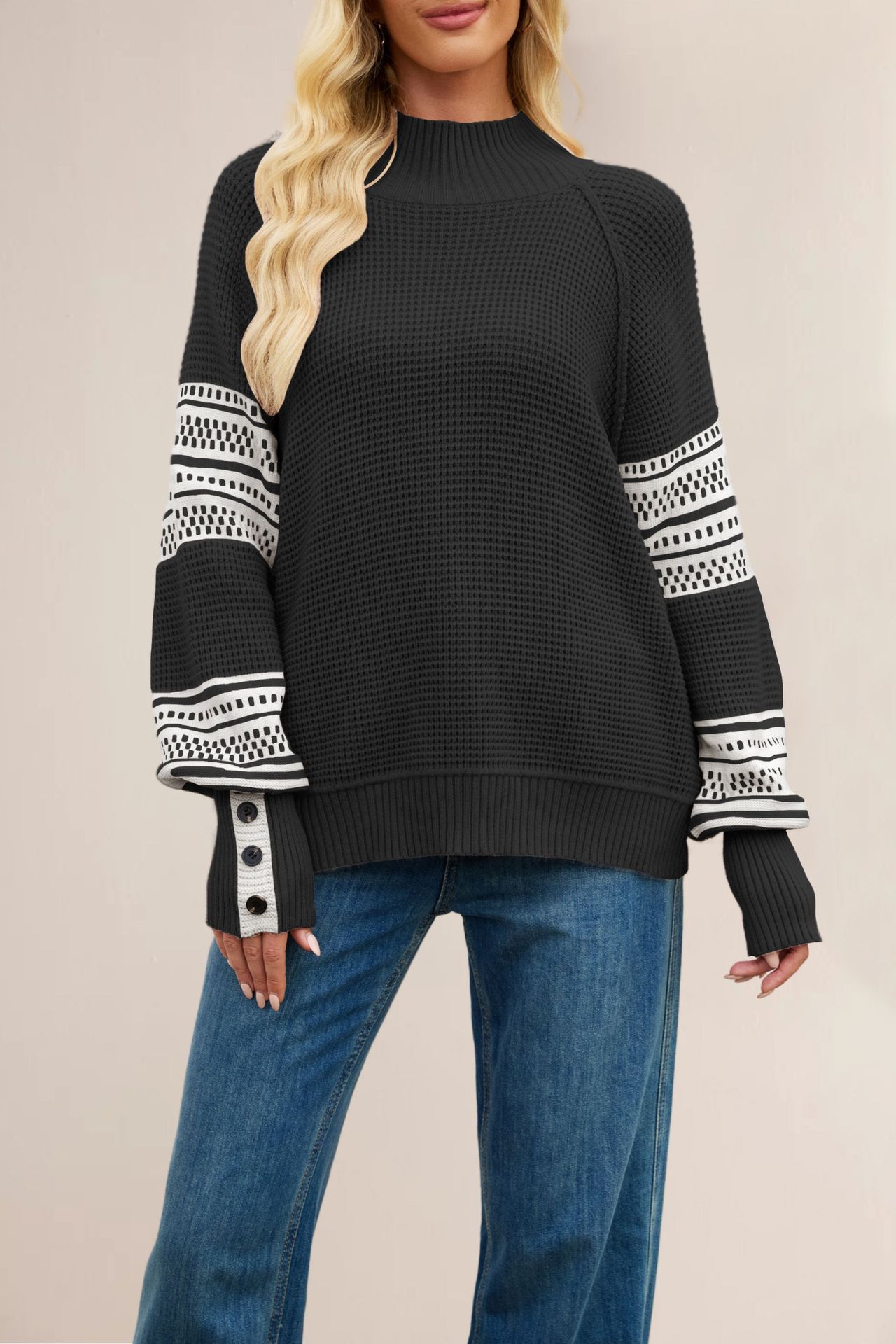 Color-Block Mock Neck Knit Sweater