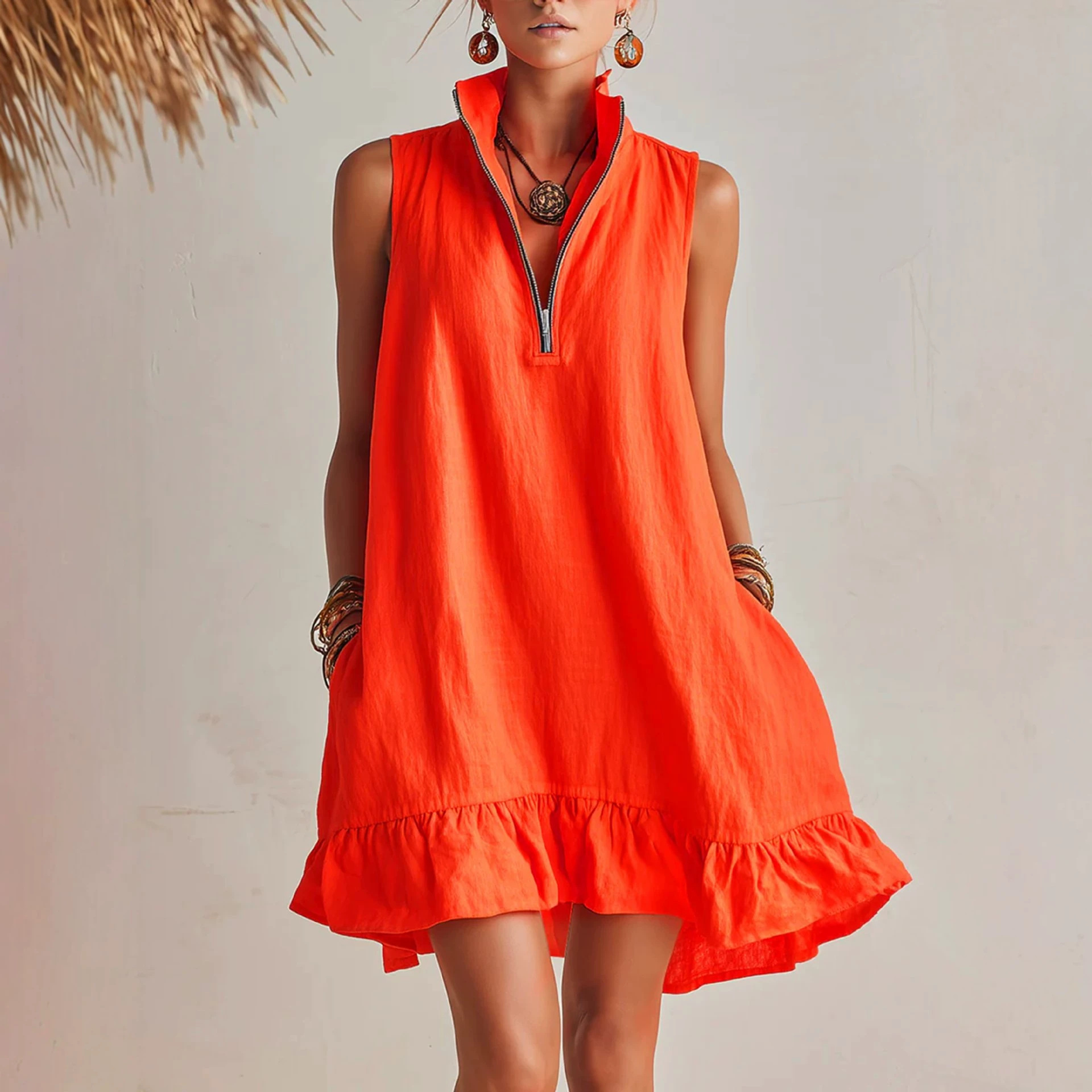 Women's Solid Sleeveless V-Neck A-Line Midi Dress