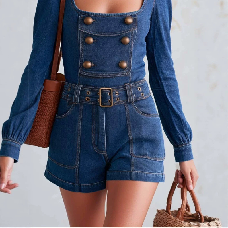 Retro Western Square Neck Puff Sleeve Belted Romper