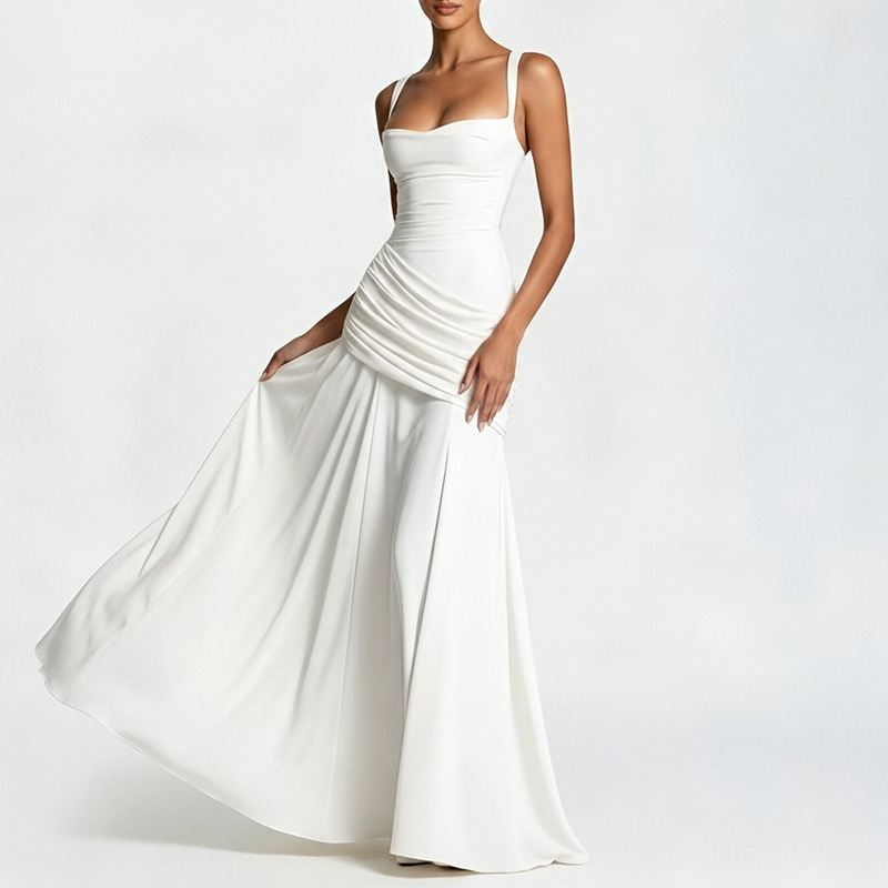 Elegant Solid Pleated Waist-Cinching Midi Dress